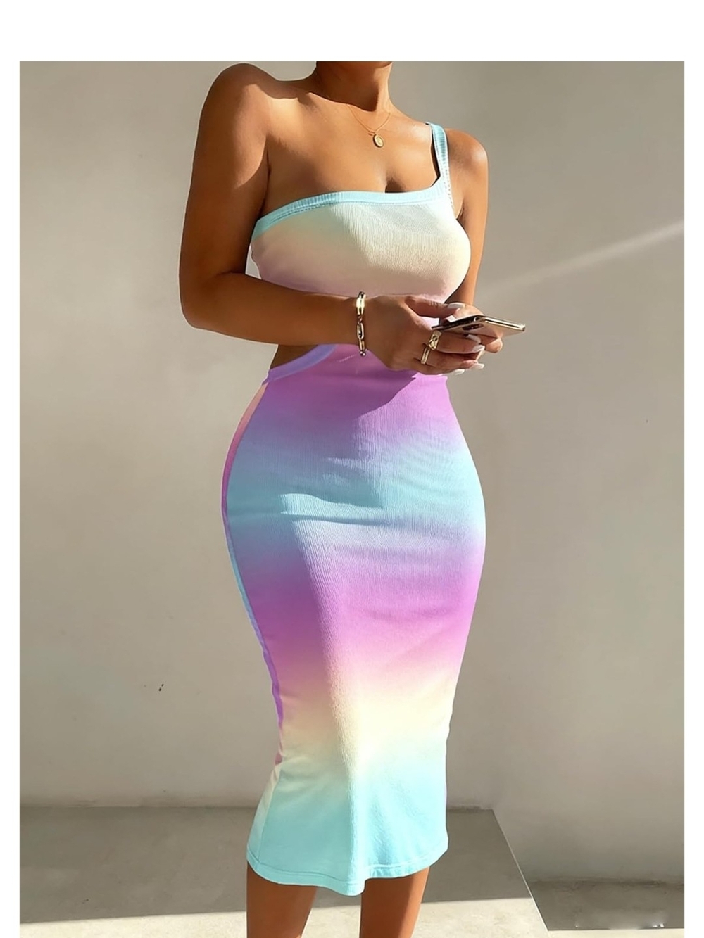 Pastel Ombre One-Shoulder Midi Dress - Multicolor